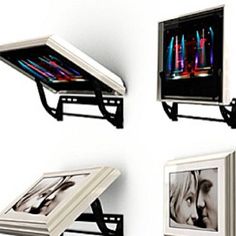 four different angles of a book shelf with pictures on it