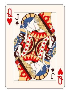 the queen of hearts playing card is shown in red, white and blue colors with two women facing each other