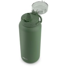 a green water bottle with a lid on the side and a glass in the top