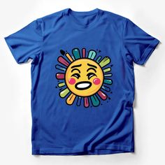 Colorful Sun Face T-Shirt, Happy Sunshine Graphic Tee, Vibrant Summer Casual Top, Unisex Male T-Shirt Custom graphic T-Shirt.Customize your color Funny Multicolor Summer T-shirt, Fun Cotton T-shirt With Smiley Face, Funny Multicolor T-shirt For Summer, Blue Summer Shirt With Funny Text, Blue Funny Text Shirt For Summer, Summer Blue Shirt With Funny Text, Blue Shirt With Funny Text For Summer, Blue Summer T-shirt With Funny Text, Blue Tops With Funny Text For Summer