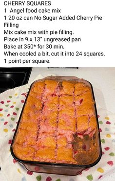 a cake in a pan with instructions on how to bake it and what to use