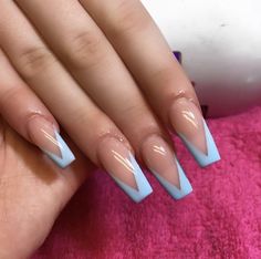 Nail Ideas Acrylic Blue And White, Blue French Nails Coffin, Light Blue French Tips Coffin, V Tip Nail Designs, Blue V Tip Nails, Light Blue French Tip Nails Coffin, Prom Nails Periwinkle, Blue French Nails Square, Blue V French Tip Nails