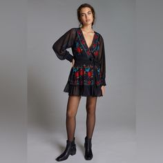 Black Embroidered Wrap Mini Dress By Pallavi Mohan. Beautiful Red And Blue Embroidery On A Black Base. Gorgeous Details Such As The Scalloped Finishing On The Bottom Hem. Stunning In Person! Size M, True To Size. Nwt Polyester Embroidered Detail V-Neck Wrapped Mini Silhouette Tie Closure Dry Clean New With Tags Long Sleeve Embroidered Dresses For Night Out, Fall V-neck Dress With Embroidered Hem, Chic V-neck Dress With Floral Embroidery, Floral Embroidered Mini Dress For Fall, Fall Mini Dress With Floral Embroidery, Fall Floral Embroidered Mini Dress, Fall Floral Embroidery Mini Dress, Chic Embroidered Dresses For Night Out, Chic Embroidered V-neck Mini Dress