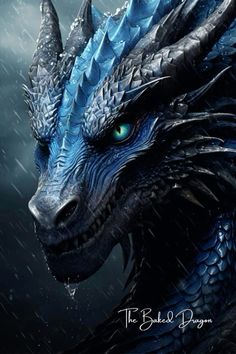 a close up of a blue dragon face on a dark background with rain falling down