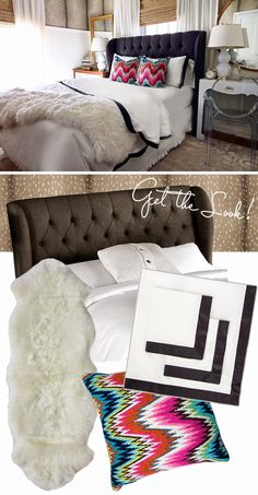 two pictures of a bedroom with white bedding and black headboard, one is made up