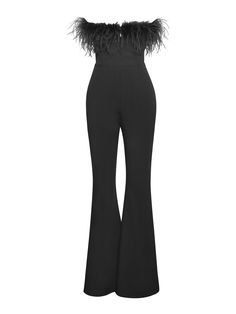 Introducing our sensational Kylan Feather Jumpsuit – a true showstopper for any special occasion. This jumpsuit boasts a flattering flare leg silhouette and a high waistband for a chic and sophisticated look. The pièce de résistance is the long draping feather trimming adorning the entire neckline edge, adding an element of sophisticated glamour. Made from woven stretch crepe with feather details and fully lined, it ensures both style and comfort. Complete with an invisible zipper at the center