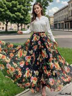 Olivia Mark - Floral Print Maxi Skirt with High Waist, Full Swing, and Flowy Chiffon Fabric Printed Maxi Skirt, Black Peony, Floral Print Maxi Skirt, Floral Print Midi Skirt, Flowy Maxi Skirts, Print Maxi Skirt, High Waisted Maxi Skirt, Beach Skirt, Floral Maxi Skirt