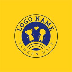 a yellow and blue logo with two children holding hands