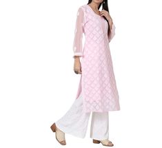 Pink Georgette Kurti & White Palazzo with Free Lining Women Embroidered Dress Georgette Fabric Dress, Anarkali Kurti Design, Flowy Outfits, Eclectic Fabric, Pink Colour Dress, Jaal Embroidery, Indian Tops, Pink Anarkali, Eid Festival