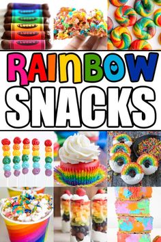 rainbow snacks and desserts are featured in this collage