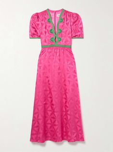 Spring Satin Dress With Floral Embroidery, Pink Jacquard Summer Dress, Chic Embroidered Evening Maxi Dress, Spring Silk Embroidered Dress, Chic Silk Festive Dress, Elegant Floor-length Embroidered Silk Dress, Festive Chic Maxi Length Dresses, Festive Chic Maxi Dresses, Silk Maxi Dress With Floral Embroidery