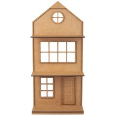 a wooden dollhouse with two windows and a door on the second floor is shown in front of a white background