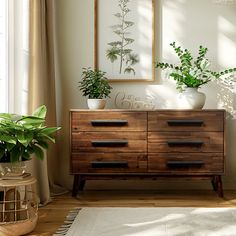 a wooden dresser sitting in front of a window next to a potted plant on top of a rug