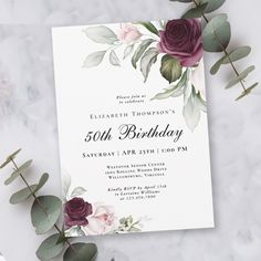 an elegant floral birthday party with purple flowers and greenery on the front, white background