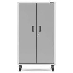 a gray cabinet with two doors on wheels