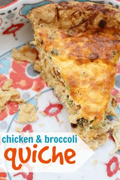 a slice of chicken and broccoli quiche on a plate with the title