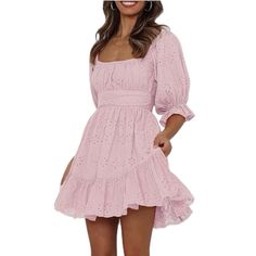 New Dress Pink Eyelet Casual Pink Puff Sleeve Dress For Garden Party, Cute Mini-length Puff Sleeve Dress, Cute Knee-length Mini Dress For Daywear, Mini Dress Puff Sleeves, Babydoll Mini Dress, Square Necklines, Dress Pink, Xl Dress, Square Neckline