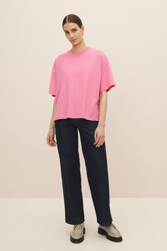 Oversized Peony Tee | Kowtow's Best-Selling Boxy Tee Peony Pink, Black Tank Dress, Jackets Men Fashion, Boxy Tee, Fashion Line, Engineered Garments, Shirt Skirt, Contemporary Fashion, Skirts For Sale