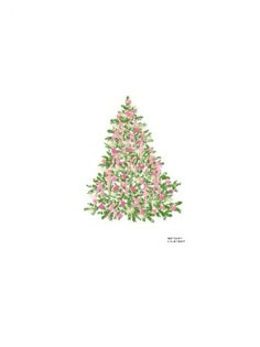 a christmas tree with pink flowers on it's top and green leaves in the bottom