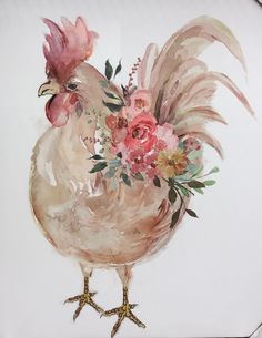 a painting of a rooster with flowers on it's head