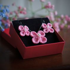 Pink Crochet Flower Necklace and Earrings with Stainless Steel Ear Hooks - Jewelry Set in Gift Box Ready to Ship for Gifting! Crochet Flower Necklace, Pink Crochet, Beautiful Items, Crochet Rose, Crochet Flower, Ear Hook, Fabric Jewelry, Stunning Jewellery, Necklace And Earrings