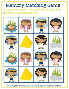 the memory matching game for children with pictures of people and objects on it, including grass