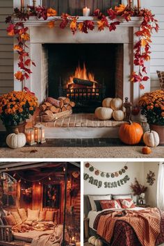 the fireplace is decorated with fall leaves and pumpkins