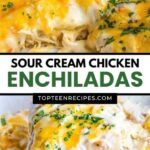 two pictures with the words sour cream chicken enchiladas