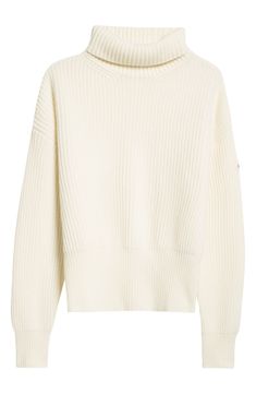 The label's iconic après aesthetic perfectly translates to this ribbed turtleneck sweater that's knit for a slouchy fit from virgin wool yarn. Turtleneck Long sleeves Dropped shoulders 100% virgin wool Dry clean Made in Italy Designer Clothing Winter White Ribbed Turtleneck Sweater, Modern Ribbed Turtleneck Sweater, Chic Ribbed Merino Wool Sweater, Wool Turtleneck Sweater, Ribbed Turtleneck Sweater, Wool Turtleneck, Ribbed Turtleneck, Fabric Gift Bags, Nordstrom Store