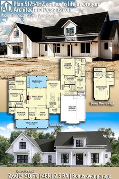 two story house plans with three car garages and an open floor plan for this home