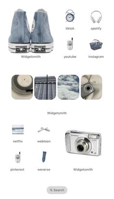 an image of the contents of a camera and its parts labeled in different languages, including pictures