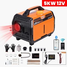 an orange and black portable generator with accessories