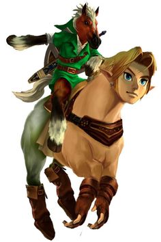 an animated image of a man riding on the back of a brown horse with blonde hair