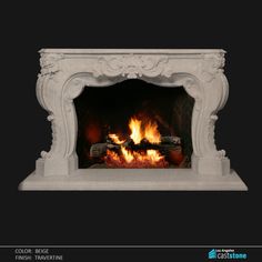 a white fireplace with flames in the center and an ornate frame around it, against a black background