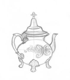 a drawing of a teapot with a lid on it's side and an ornate design around the top