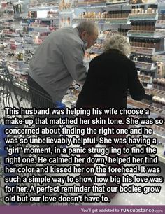 an older couple shopping in a grocery store with the text, this husband was helping his wife choose a make - up that matched her skin tone