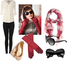 a woman's outfit and accessories including gloves, scarf, sunglasses, and hat