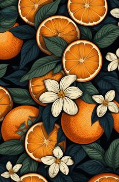 an image of oranges and flowers on a black background with leaves, flowers, and petals