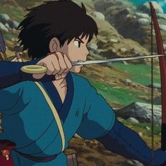 an anime character holding a bow and arrow in front of another character who is aiming