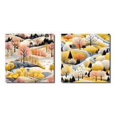 two paintings with trees and hills in the background, one has yellow leaves on it