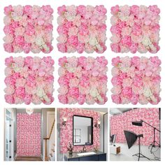 pink and white flowers are arranged on the wall in front of a mirror, behind a camera