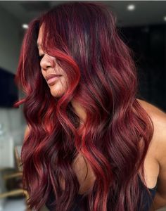 Fun Red Auburn Hair Idea Fire Red Balayage Hair, Red On Red Highlights, Red Long Hairstyles, Dyeing Curly Hair, Red Hair With Blue Underneath, 2 Tone Red Hair, Two Tone Red Hair Color Ideas, Red Hair With Lowlights Dark, Red And Blonde Hair Color Highlights