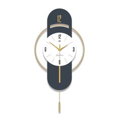 a black and white clock with gold hands