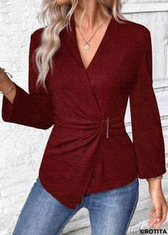 Cheap Red T-shirt For Everyday, Burgundy Long Sleeve Top With Buttons, Red Party Top With Button Closure, Red Buttoned Party Tops, V Neck Long Sleeve Shirt, Elegant Dresses Plus Size, Swimwear Suits, Brown Outfit, Printing Design