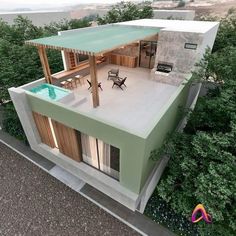 an artist's rendering of a modern house in the woods with a swimming pool