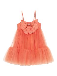 lava orange satin finish tulle inserts bow detailing crystal embellishment sequin detailing adjustable spaghetti straps concealed rear zip fastening full skirt ruffle hem cotton lining Pink Tulle Dress, Orange Satin, Centre Stage, Net Fabric, Pink Tulle, Play Dress, Girls Party, Tulle Dress, Pink Bow