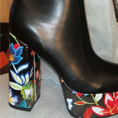 Printed Platform Boot Side Zipper Brand New Size 8.5 Spring Night Out Platform Boots, Spring Heeled Boots With Round Toe For Night Out, Spring Round Toe Heeled Boots For Night Out, Black Ankle-high Heeled Boots For Spring, Spring Heeled Boots For Night Out With Round Toe, Black Block Heel Boots For Spring, Black Floral Print Boots With Round Toe, Casual Evening Boots For Spring, Black Leather Boots With Floral Print