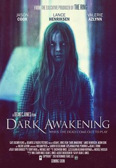 the poster for dark awakening, which features a woman with long hair standing in front of a window