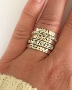 Custom name ring Sterling silver stacking ring by smmade on Etsy 2 custom rings with 1 spacer- one for clarence's name and the other with baby's Stamped Ring, Hand Stamped Ring, Ring Man, Stamped Rings, Sterling Silver Stacking Rings, Mother Rings, Name Rings, Silver Stacking Rings, Personalized Rings