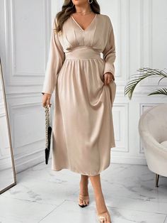 Plus Size Satin V-Neck Ruched Elegant Ladies Dress Champagne Elegant  Long Sleeve Satin Plain A Line Non-Stretch  Women Plus Clothing, size features are:Bust: ,Length: ,Sleeve Length: Clothes For Curvy Women, Dress For Curvy Women, Satin Long Dress, Plus Size Satin, Dress Champagne, Elegant Midi Dresses, Elegant Ladies, Ladies Dress, Women's Shapewear